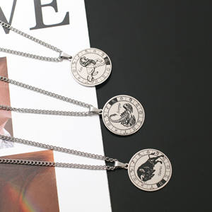 Gran oferta placa redonda Tarot doble cara signo del zodiaco grueso acero inoxidable collar del zodiaco - Product Image 3
