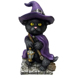 High Quality Resin Figurine Witch Cat Holding Broomstick Black Kitten For Halloween Home Decoration