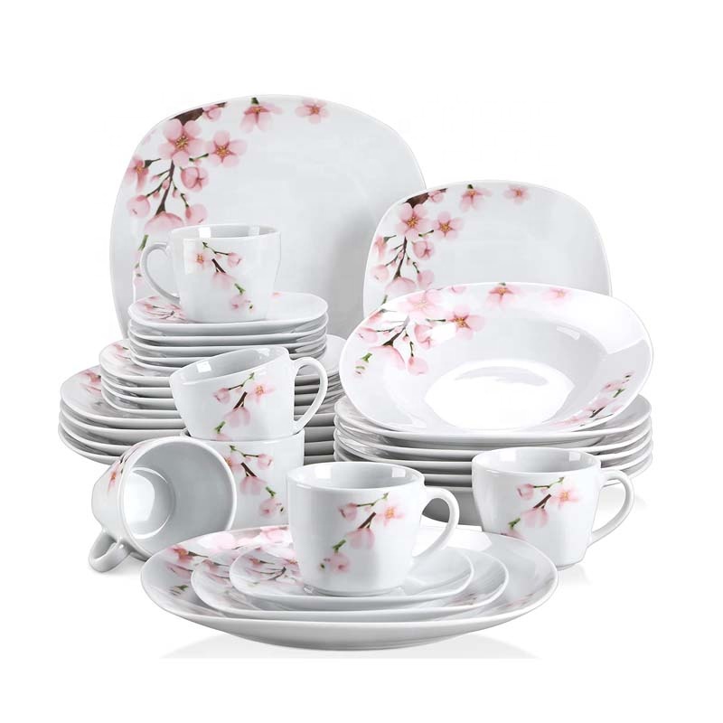 Conjunto de jantar de cerâmica, venda quente, conjunto com jantar de porcelana com design de flor, com decalque