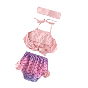 Pink Mermaid Swim Set With Bow <b>Top</b> And Fish Scale Bottoms For Kids Outdoor Wear - Product Image 1