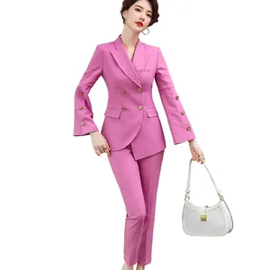 フレアスリーブパンツスーツ2ピーススーツセット女性用ファッションブレザーとパンツダブルブレストオフィスレディOLスタイル