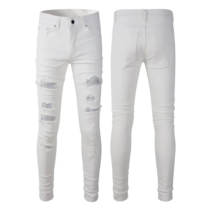 RUICHI Pantalons décontractés confortables coton denim blanc lavé Sport hommes Slim imprimé motif tricoté Jeans