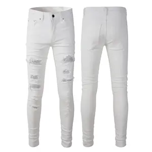 RUICHI Casual Pants Comfortable Cotton white Denim Washed Sport Men Slim Print Pattern Knitted Jeans