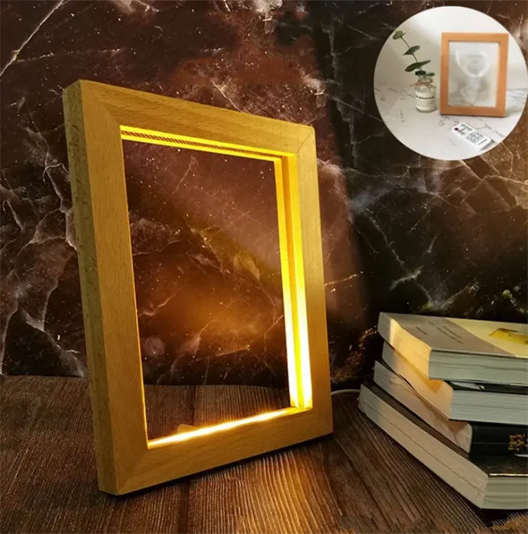 Lámpara de mesa 3D personalizada, marco de fotos de madera con USB, acrílico, con luces LED