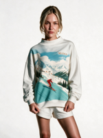 Chemisier tricoté pour femme à col montant, motif imprimé mignon, broderie 3D, style décontracté pour l'hiver et l'automne