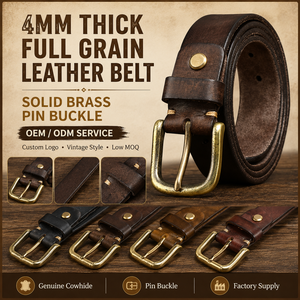 Factory Custom Logo 4mm Thick <strong>Vintage</strong> Luxury Full Grain Cowhide Men's Genuine Leather <strong>Belt</strong> With Solid Brass Buckle - Product Image 1