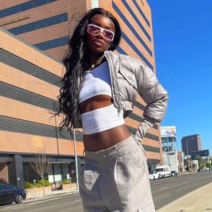 Vestes bouffantes de <span class=keywords><strong>moto</strong></span> en coton de couleur unie pour femmes 2022, nouveaux arrivages, Patchwork à manches longues Bomber - Product Image 2