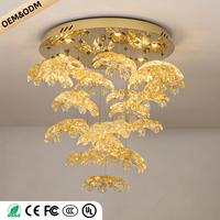 Lustre en verre artistique haut de gamme en forme de feuille, avec plaque de plafond ronde dorée, luminaire suspendu design, fleur artistique, pour salon