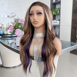 Perruques synthétiques premium bon marché avec mèches brun foncé et violettes, perruques à mèches 13x4 avec raie au milieu pour femmes noires - Product Image 5
