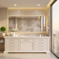 Meuble-lavabo autoportant classique de luxe en bois massif blanc, avec poignées dorées et plateau en marbre, idéal pour hôtels et villas – Vente directe usine