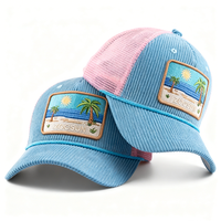 Groothandel op maat gemaakte sportieve dobby corduroy kinder 5-panel 2-kleurige blauw-roze zomer strand geborduurde mesh trucker pet