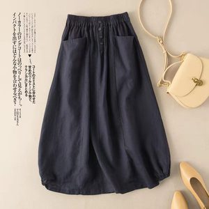 Women's Summer Linen Midi Skirt High Waist A-line Slimming Artistic Style Leisure Wear Military Green Coffee Black Navy Blue - Product Image 4