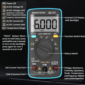 ZOYI ZT102 - Multímetro Digital Inteligente de Alta Precisión con Pantalla de 6000 Dígitos, True RMS, para Medir Voltaje, Corriente, Resistencia y Frecuencia - Product Image 6