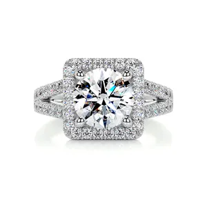 SGARIT Trendy Jewelry Round Cut Halo Moissanite Engagement Ring 2CT 18K White Gold Split Shank Moissanite Dimoand Ring