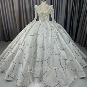Lscm106 Ivory Deep V Neck Ball Gown <b>Wedding</b> Dress Heavy Beaded Sequin Scalloped Tiered Lace Up Back Gown Jancember - Product Image 1