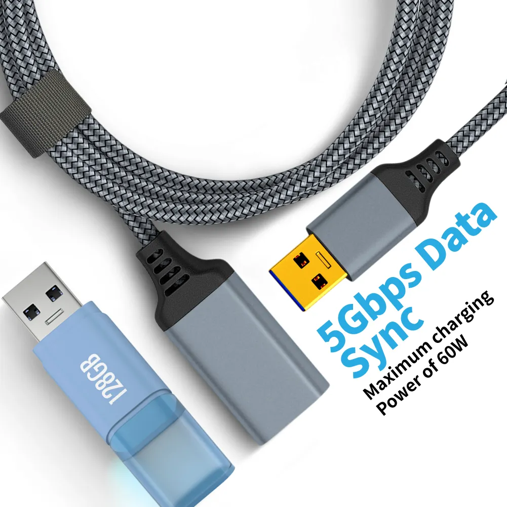 Câble d'extension USB tressé en nylon Charge rapide Transfert de données 16ft USB 3.0 a Mâle à un câble d'extension Femelle