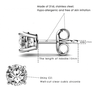 Gioielli di Moda Orecchini a Lobo in Acciaio Inossidabile 316L Ipoallergenico con Zirconia Cubica Diamante Moissanite Rotondo CZ - Product Image 4