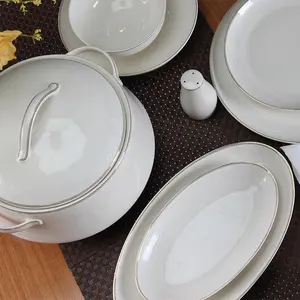 Tang shan Ceramic Factory Wholesale Luxury Gold Rim elegant bowls and plates dinnerware white embossed bone china dinnerware set