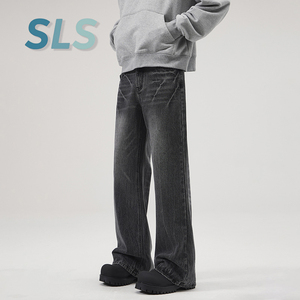 Pantalones Vaqueros de Mezclilla para <span class=keywords><strong>Hombre</strong></span>, Estilo Retro, Lavado a la Piedra, Estampado de Rayos, Micro Acampanados, Casuales, Holgados, de Pierna Recta, Negros - Product Image 3