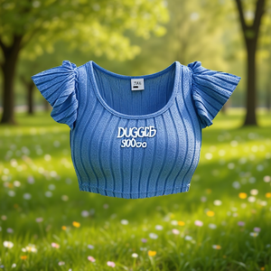 Haut court en tricot rayé bleu à volants, col rond, manches courtes, vêtements décontractés pour femmes, printemps-été - Product Image 2