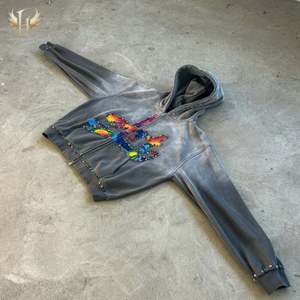 Spray Monkey Washed Custom Boxy Oversized Zipper Pullover Sudaderas con capucha Gradientes de colores DTG Big Rhinestones Rivet Hoodie - Product Image 4