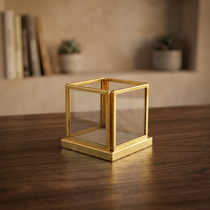 Gold Cube Jewelry Box With Transparent Glass Panels Minimalist Design Polished Metal Frame 1 Layer Storage - Product Image 3
