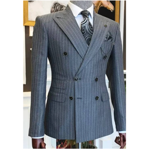 Herren anzüge Slim Fit 2 Stück graue Streifen Jacken hose für Hochzeit Bräutigam Smoking Peaked Revers Blazer - Product Image 2
