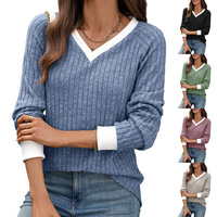 Suéter Básico Casual Holgado de Manga Larga con Cuello en V y Ribetes Blancos en Bloques de Color para Mujer, Tejido Acanalado, Estampado Personalizado