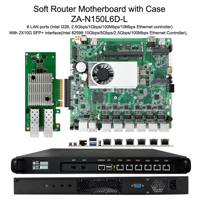 N150 Motherboard with case for Firewall Server Soft Router Integrated Intel CPU Support DDR4 Max 16GB Multi Network Gateway