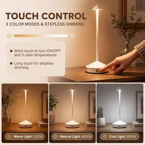 Lampe de nuit LED rechargeable en forme de pyramide, lampe de table portable, 3 couleurs, variateur tactile, pour chambres à coucher, cône métallique - Product Image 3