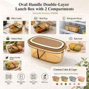 Boîte à lunch <span class=keywords><strong>en</strong></span> verre portable 950 ml, conteneur de stockage alimentaire ovale à double couche avec poignée pour l'école - Product Image 5