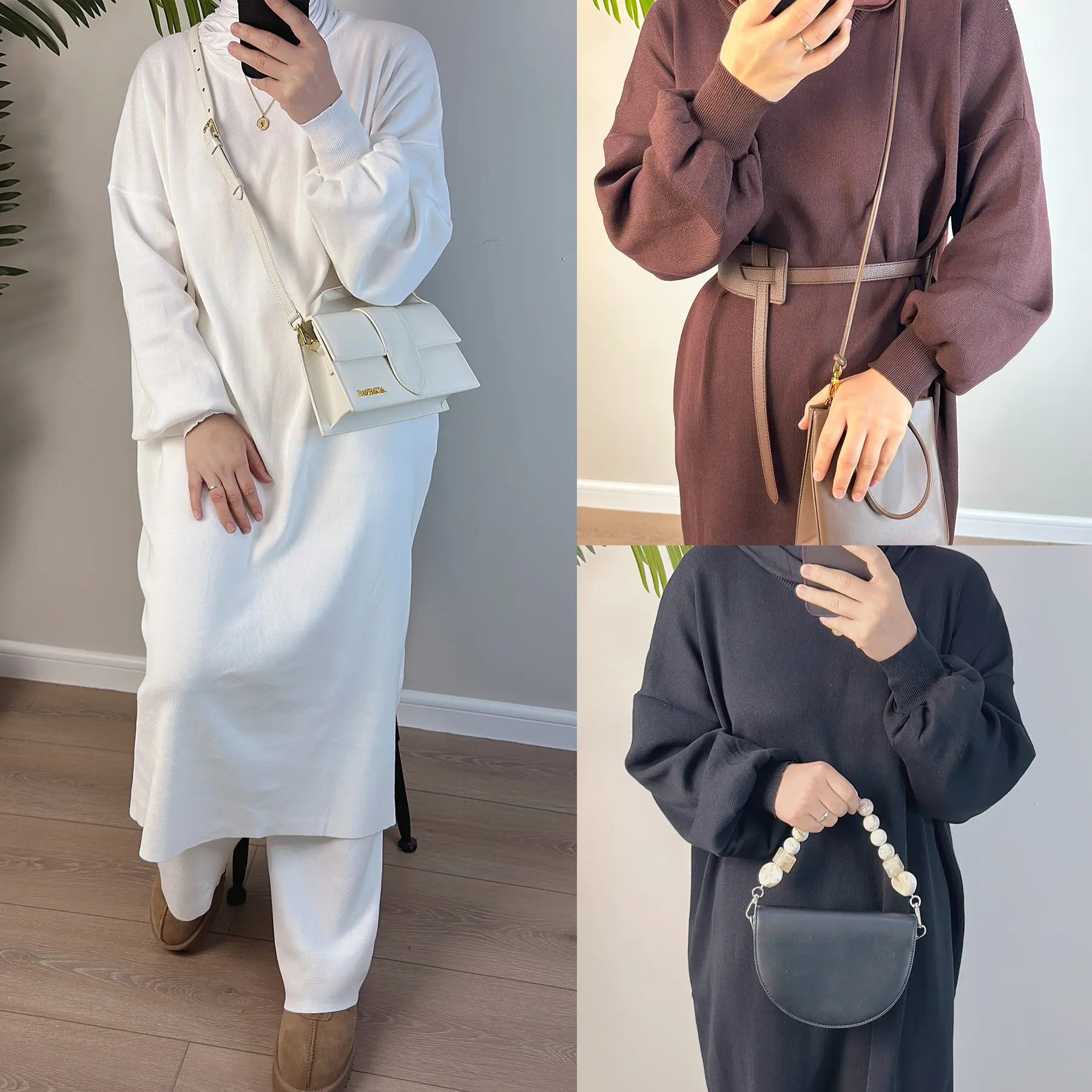 Toptan islam giyim kış Abaya örgü kumaş üst ve pantolon 2 parça Abaya Set kadınlar Abaya geleneksel müslüman giyim