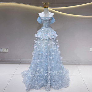 <span class=keywords><strong>Vestido</strong></span> de Noche Jfh138 <span class=keywords><strong>Azul</strong></span> Celeste sin Tirantes con Tul en Capas, Apliques Florales 3D, Espalda con Cordones, <span class=keywords><strong>Vestido</strong></span> de Fiesta Jancember - Product Image 2