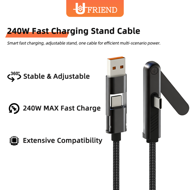 OEM/ODM PD 240W 5A Fast Charging Cable Zinc Alloy 2 in 1 USB A and Type C to Type C Data Cable with Phone Holder