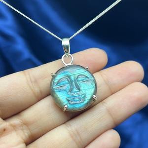 Collar de cara de luna de plata 925 con colgante redondo tallado a mano Regalo de piedras preciosas chapadas en oro y rodio - Product Image 2