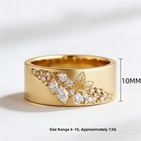 Nouvelle bague en cuivre tendance, version large, avec zircon de laboratoire serti à griffes, motif feuilles et branches incrustées, style luxe léger pour
