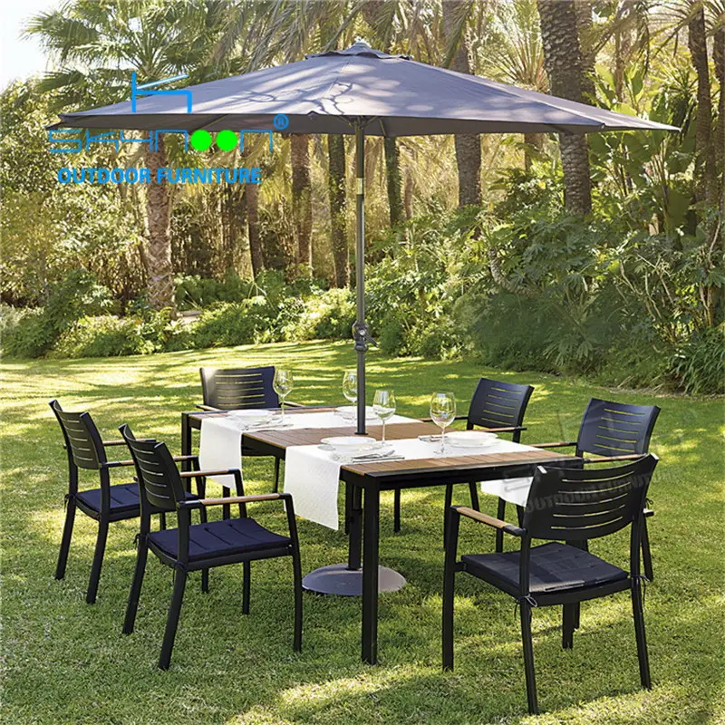 Café caliente 5pcs balcón juegos de comedor silla de jardín y mesa con sombrilla jardín wpc mesa para silla de 4 asientos al aire libre (31026-2)