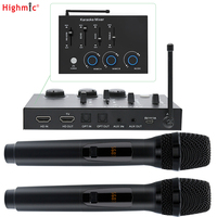 Système de microphone sans fil pour karaoké Highmic Stock Good Price Home Party KTV, système de mixage à deux canaux, métal noir, UHF, compatible avec les téléviseurs intelligents