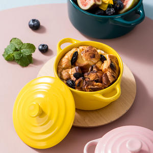 Marmite en céramique à double anse avec couvercle, idéale pour la cuisson vapeur à domicile, le plat à œufs, les plats mijotés, les desserts, la cuisson au four, utilisable au micro-ondes et en <span class=keywords><strong>camping</strong></span>, design moderne - Product Image 4