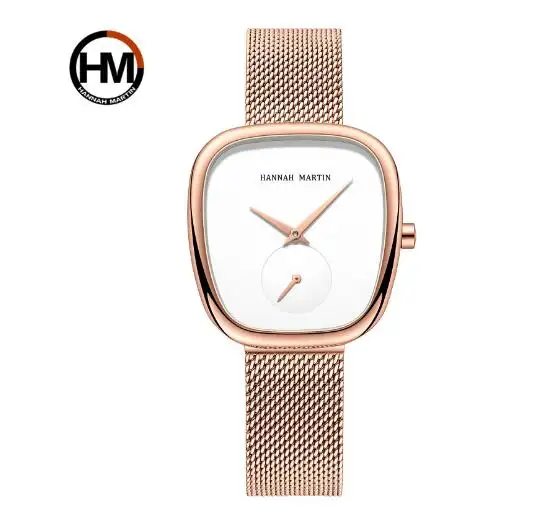 Relógio de quartzo elegante para mulheres, pulseira de Tonneau, relógio de pulso em aço inoxidável à prova d'água para mulheres, Hannah Martin