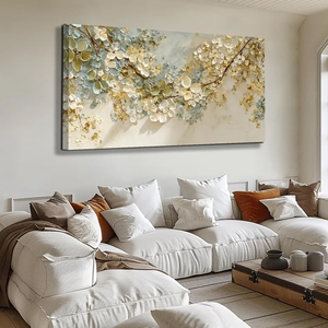 Textured Still Life Flower Wall Art 3D White Oil Painting <b>Canvas</b> Handmade Neutral Gold Abstract Blossom Wabi-Sabi Hanging - Product Image 2