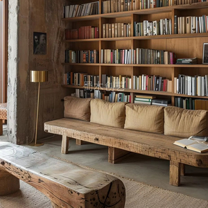 Divano Multifunzione a Quattro Posti in Legno Massello Non Verniciato Personalizzabile - Design Retrò Wabi-Sabi per un <span class=keywords><strong>Soggiorno</strong></span> Vintage - Product Image 1