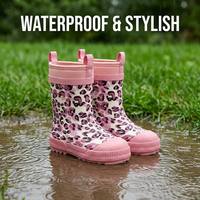 Bottes de pluie en néoprène imperméables et respirantes pour enfants, motif léopard rose, avec poignées de traction, idéales pour les tout-petits