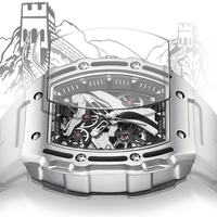 Montre mécanique automatique Mark Fairwhale pour homme, boîtier en alliage de 46 mm, bracelet en caoutchouc, étanche, cadran squelette lumineux en relief FW-6870