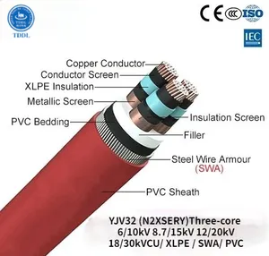 كابل طاقة مغمد PVC ، أسلاك فولاذية معزولة XLPE ، موصل نحاسي ثلاثي النواة ، N2XSERY ، جهد متوسط ، N2XSERY