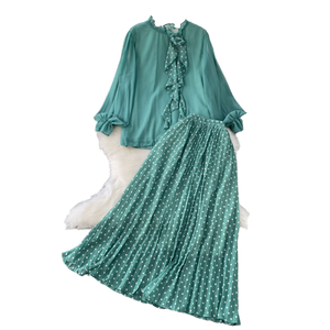 Ensemble deux pièces : Chemise décontractée à manches longues en mousseline de soie plissée à col montant et jupe tissée taille haute amincissante à motif floral - Product Image 1