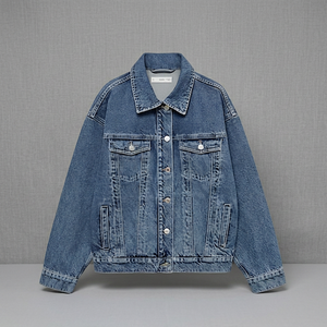 Chaqueta Vaquera Clásica Lavada, Corte Regular, Cuello Vuelto, Cierre de Botones, Azul Sólido, Casual, Unisex, 100% Algodón, Primavera - Product Image 4