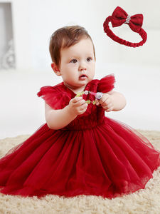 Abito da Battesimo Ricamato per Bambina 0-2 Anni, Vestito Rosso Vaporoso e Bellissimo per Feste di Compleanno - Product Image 2