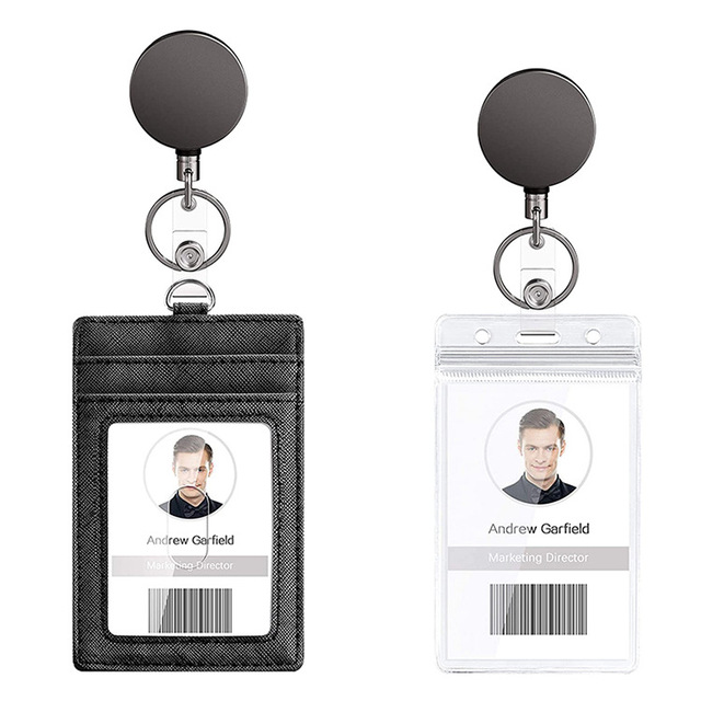 Heavy Duty Metal Retractable Badge Holder Reel With Belt Clip Key Ring Waterproof Vertical Clear ID Card Holder and PU Leather
