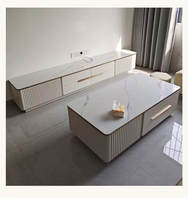 Ensemble table basse et meuble TV en pierre frittée, console multimédia moderne cannelée avec tiroirs de rangement, mobilier de salon de luxe léger